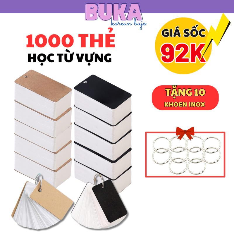 Combo 1000 thẻ học từ vựng Flashcard Buka thẻ flashcard trắng tặng kèm khoen hỗ trợ học thuộc, ghi nhớ hiệu quả từ vựng tiếng Anh, Trung, Nhật, Hàn...