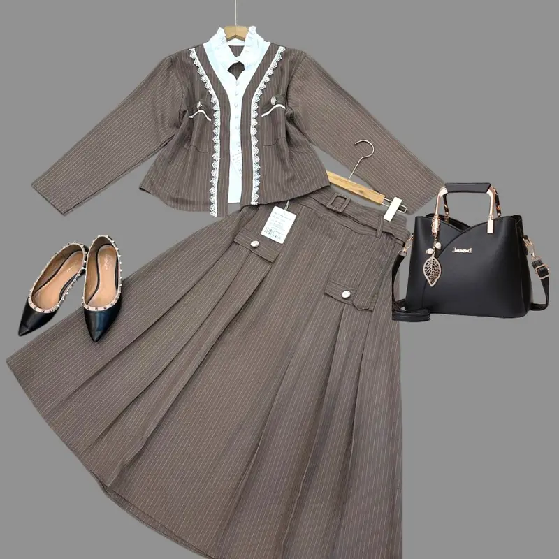 one set moana  salur baju rok setelan wanita muslim lengan panjang mewah premium korean style Dewasa Remaja (free belt) Casual Katun Casual Dress Simple 2