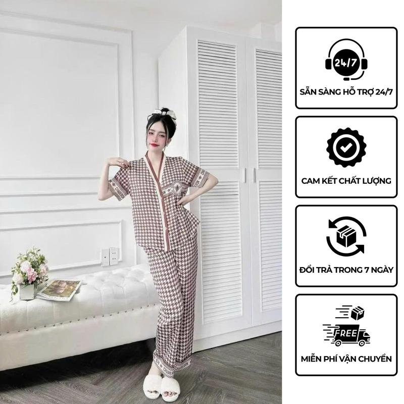 D-Bộ Đồ Ngủ Nữ Quần Dài Cổ Y Hoa Tiết Dễ Thương Chất Liệu Vải Lụa Latin Mặc Nhẹ Mát