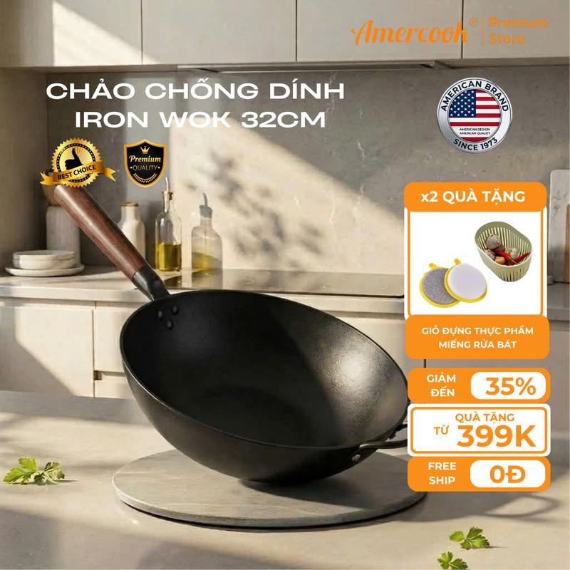 Chảo Xào IRON WOK 32cm Lòng Sâu Chống Dính Tự Nhiên Dùng Cho Bếp Điện Bếp Gas Bếp Hồng Ngoại