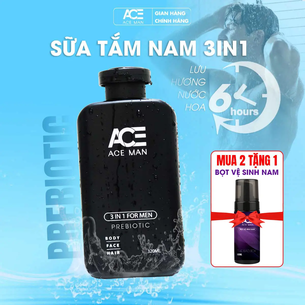 Sữa tắm 3 IN 1 cho nam ACEMAN PREBIOTIC 320ML tắm gội toàn thân cho nam giới sữa tắm nam thơm lâu mùi hương nam tính quyến rũ