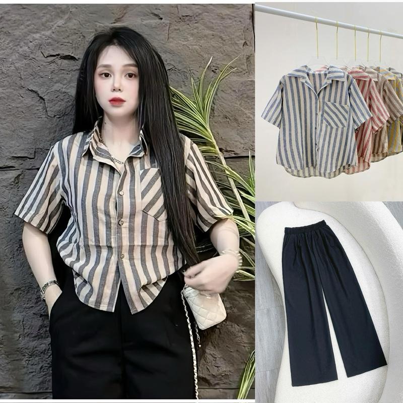 Set Bigsize Nữ (CÓ LẺ ÁO) Set Bigsize Bao Gồm Áo Sơ Mi Form Vừa Hoạ Tiết Sọc Lớn Basic Mix Quần Suôn Trẻ Trung (50-92Kg)- A288 Q558