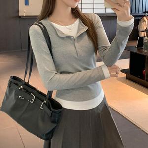 Korean style fitted women's T-shirt, heather gray faux two-piece spliced ​​round neck, long-sleeved women's T-shirt, 2025 beautiful and fashionable women's, autumn new style, slim fit, unique and beautiful, flattering buttons, base layer top. 3324 Casual