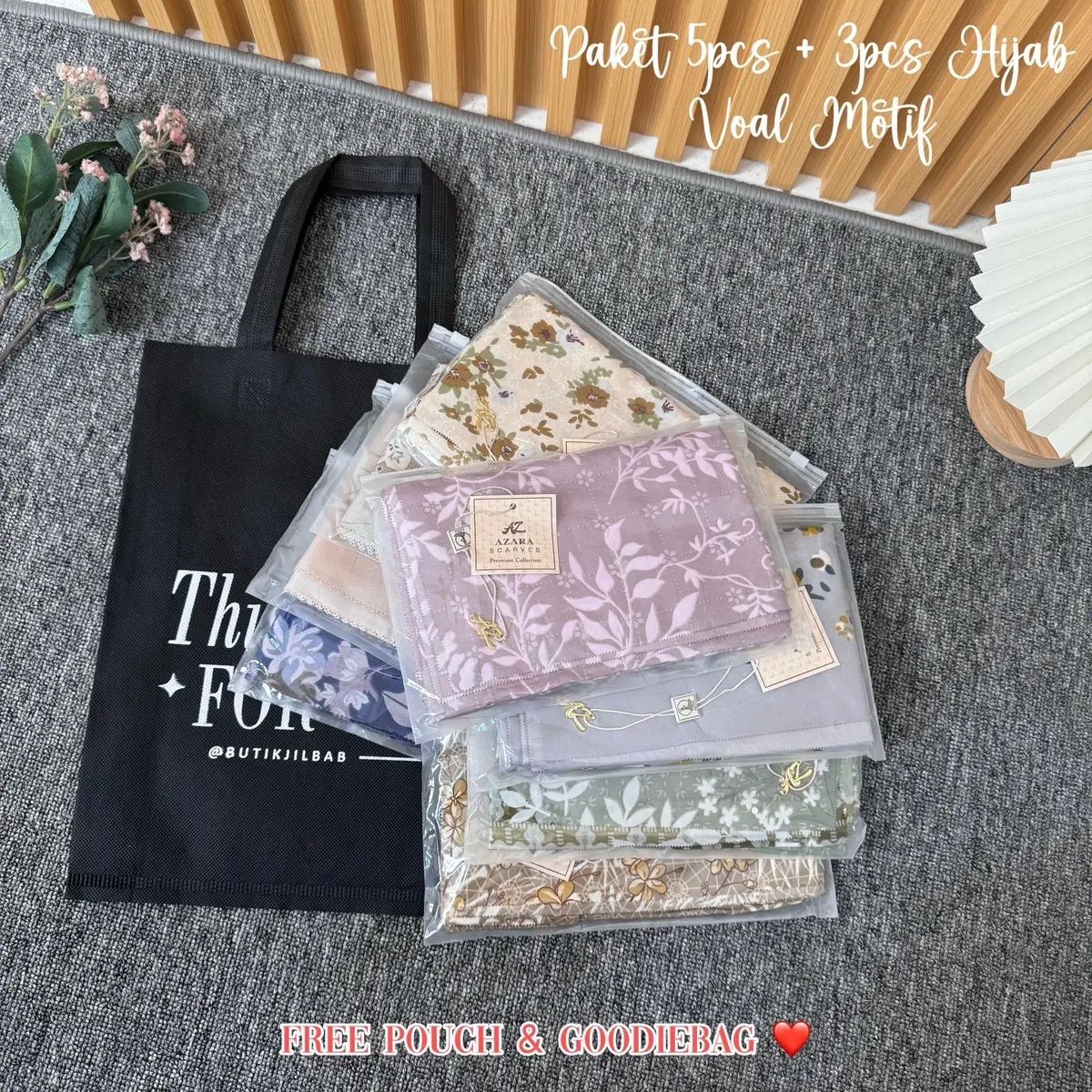Paket 5pcs + Gratis 3pcs Hijab Voal Motif With Logo AZ Packing Pouch FREE GOODIEBAG