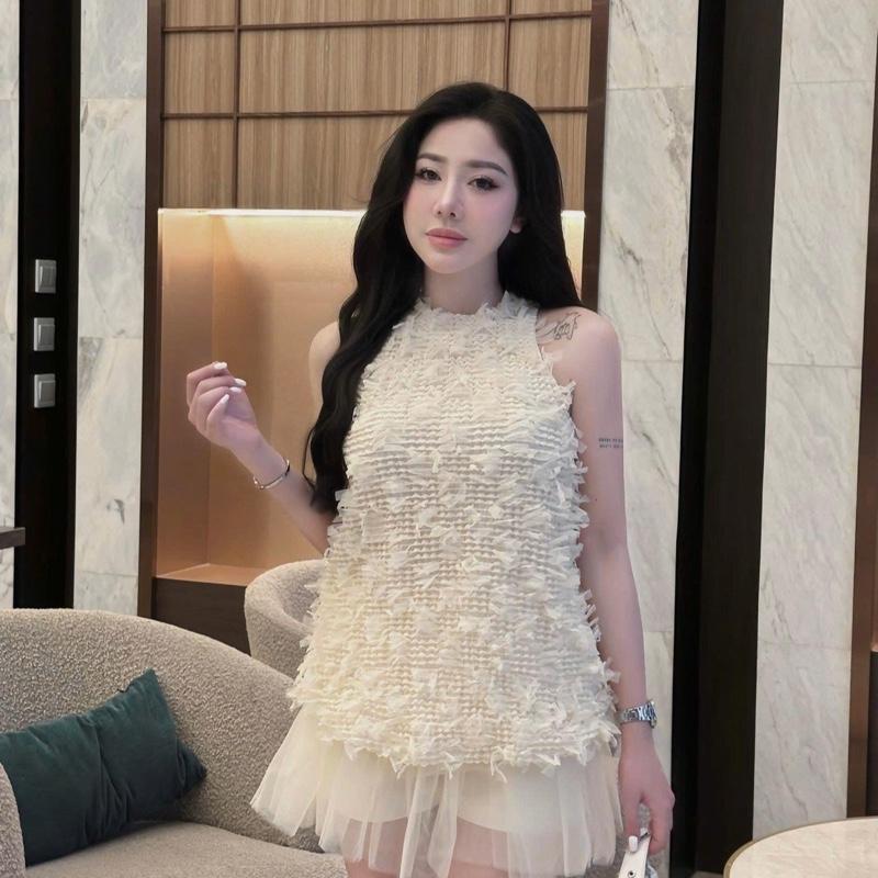 Set trắng kem áo ren chun sát nách mix chân váy 2 lớp lưới 5