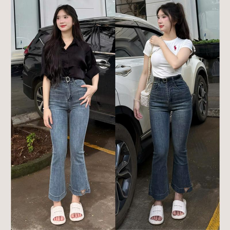 LOE 9 tấc (Form bé) Quần Jean ống Loe Vải co giãn, Lưng cạp cao