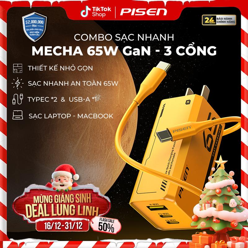 PISEN Bộ Sạc Nhanh 65W Kèm Dây Sạc | Kiểm Soát Nhiệt Tốt Chống Chai Pin 3 Cổng Sạc Nhanh Sạc Được Cho Laptop Và Tất Cả Các Dòng Android IOS | PISEN Pro GaNUltra 65W | TS-C137 | Bảo Hành 24 Tháng 1 Đổi 1 | Bảo Hiểm 2 Triệu Đô