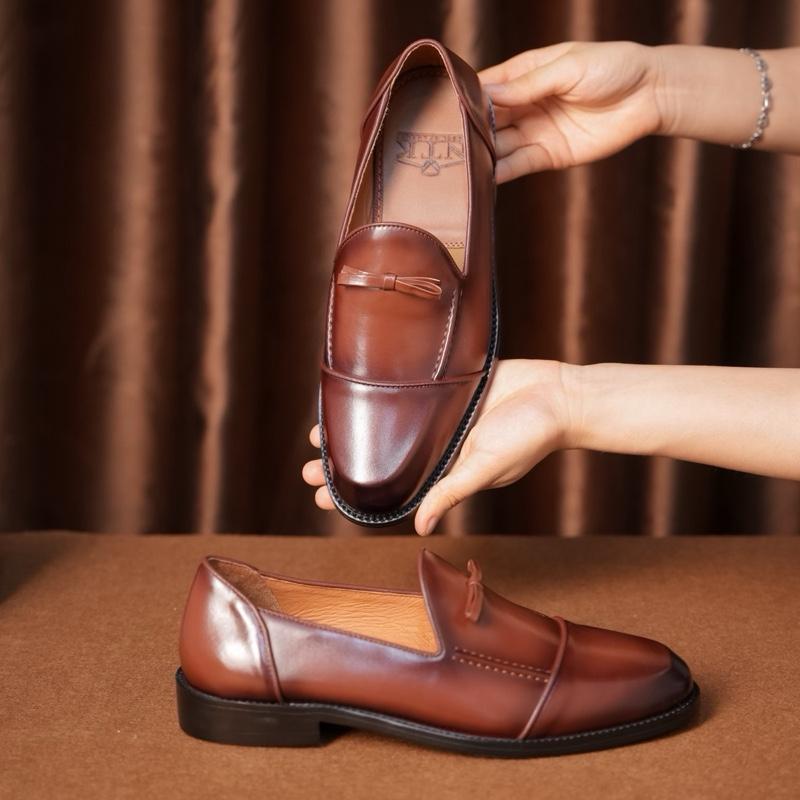 Giày nam tassel nơ loafer Shoes nâu coffee Hoa da bò ý lót trong da bò thảo mộc đế gỗ phíp cao cấp size 38-43 bảo hành 24 tháng