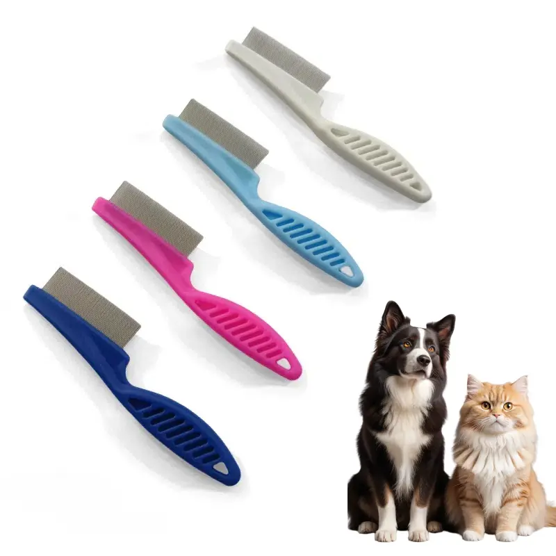 Pet flea combs in various colors for cats and dogs
