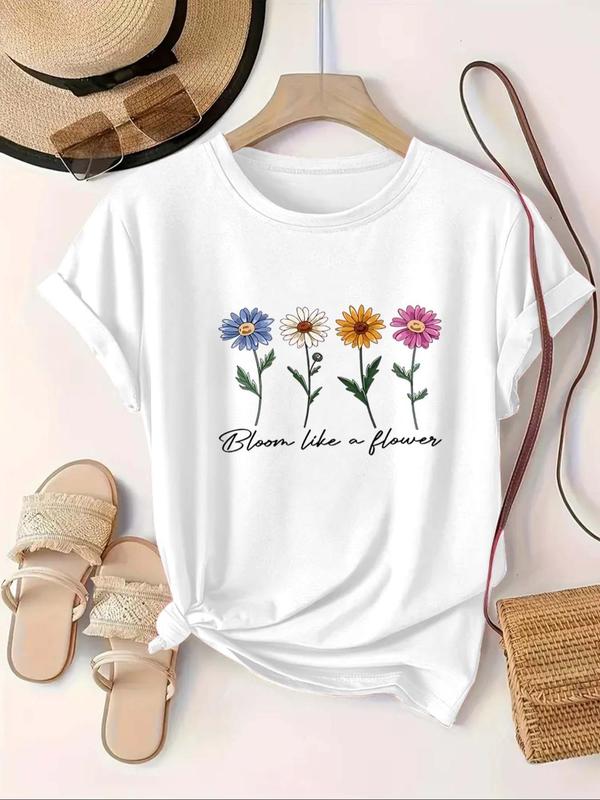 【Plus Size】 Daisy Print Round Neck Tee, Casual Short Sleeve Crew Neck T-Shirt for Summer, Women's Plus Clothing for Daily Wear, Top 1