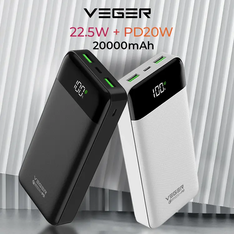 VEGER Powerbank Q21 20000mAh 3 Output LED Digital Display Fast Charging Quick Charge QC 22.5W & Power Delivery PD 20W Power Bank 3