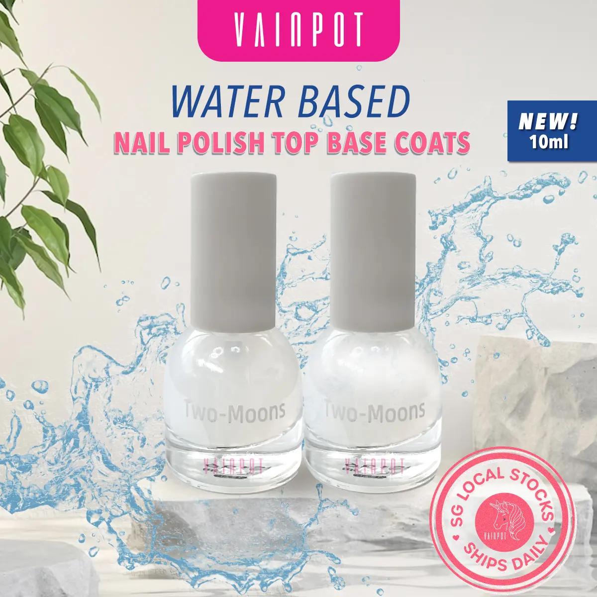 TWO MOONS Water Based Peelable Non-toxic Nail Polish Top and Base Coats  - 10ml