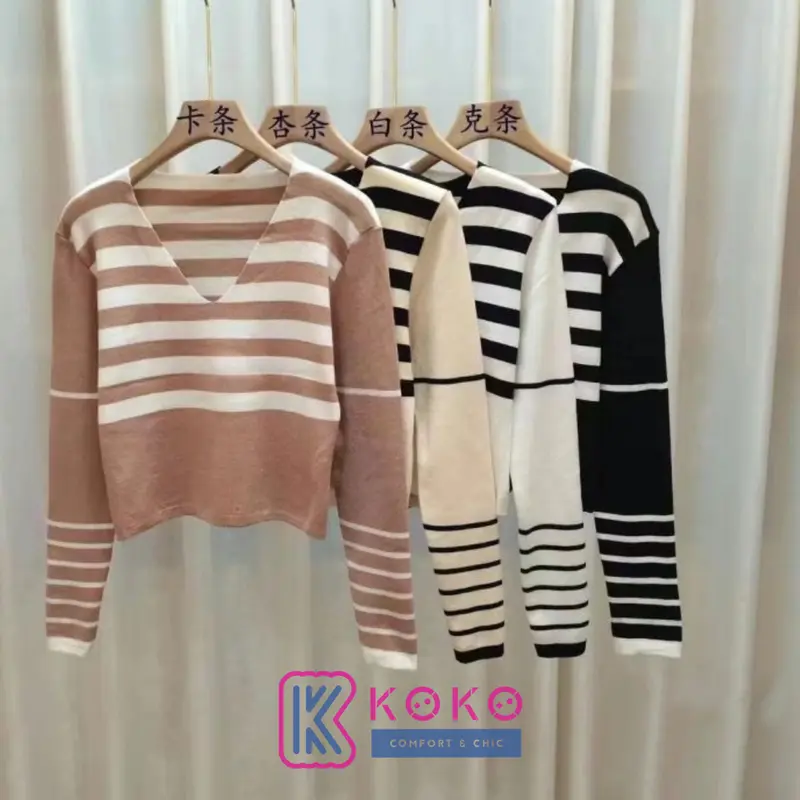 KOKO - Korean Style Long Sleeve Knit Top V-Neck Shirt cardigan korea Panjang Knitwear Wanita Crop Atasan Hitam Pendek Basic Baju Kardigan blouse rajut 4