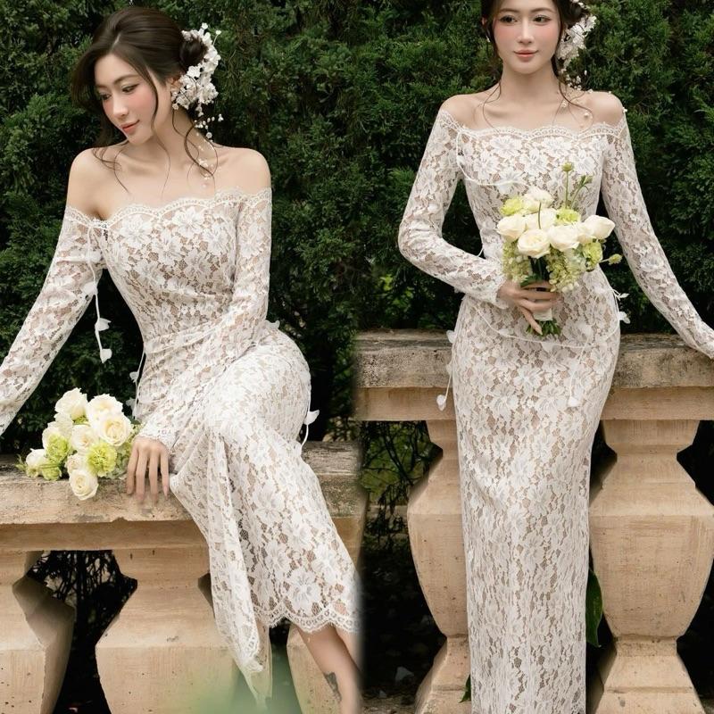  Đầm ren bẹt vai hoa dáng dài K823 thiết kế sang chảnh dự tiệc chất lượng cao form chuẩn đẹp 