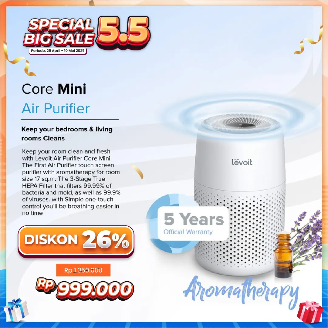 Levoit Core Mini Desktop Air Purifier with Fragrance Aroma Diffuser Putih Listrik