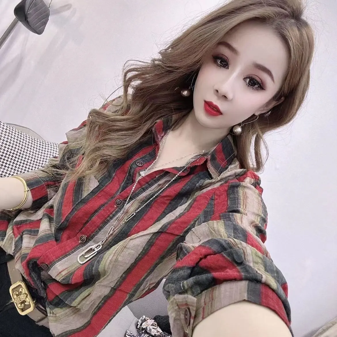 Áo Sơ Mi Dài Tay Kẻ Sọc Sang Trọng, Phong Cách Hồng Kông, Phổ Biến, Vừa Vặn Và Giảm Béo, Áo Sơ Mi Dài Tay Linh Hoạt Năng, Áo Khoác Ngoài Kẻ Sọc POLO Mới 2024 Nữ Top Women Kem Shirt