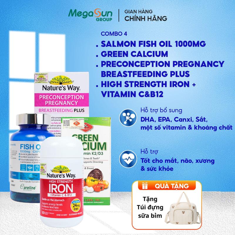   MUA COMBO TẶNG TÚI ĐỰNG SỮA BỈM  Bộ 4 sản phẩm cho mẹ bầu gồm Sắt bầu Natures Way 30 viên + Vitamin bầu Nature's Way 30 viên + DHA Careline 100 viên + Green Canxi 100 viên - Bổ Sung Sắt DHA Canxi hữu cơ và Vitamin dành cho mẹ bầu 