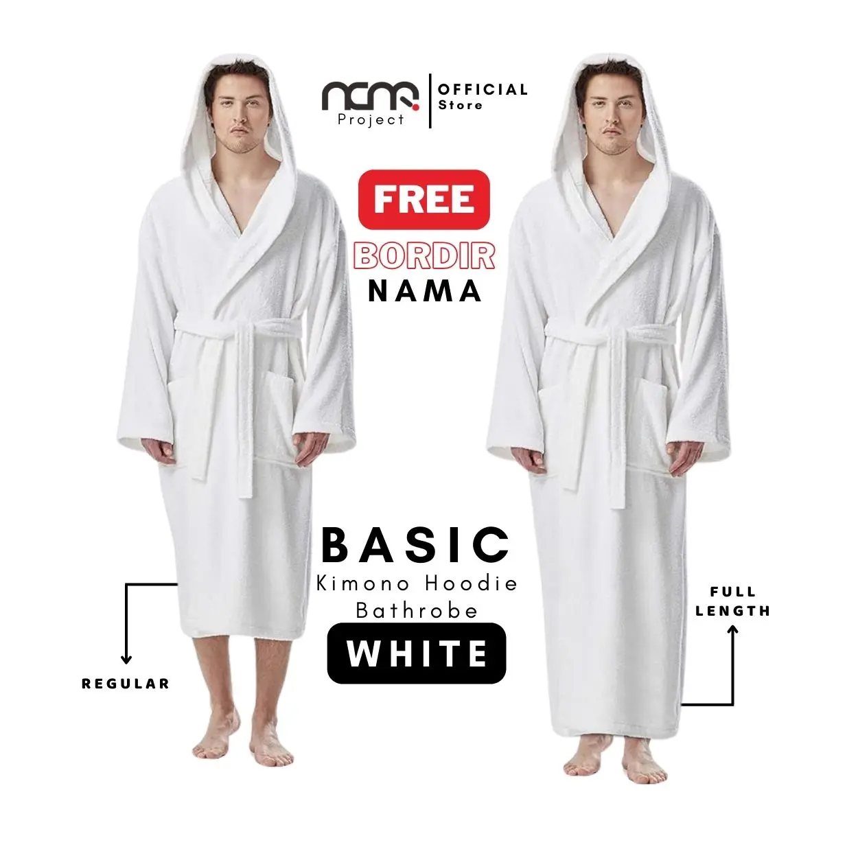 Handuk Kimono Mandi Hoodie Bathrobe White Free Bordir Dewasa