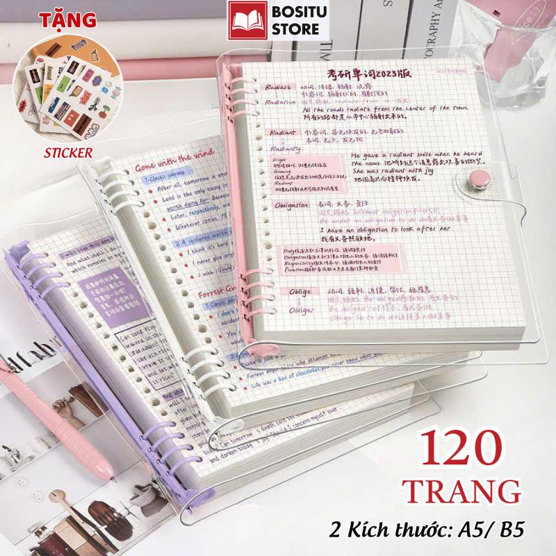 Sổ Còng A5/ B5 Bìa Mềm 120 Trang Giấy Chống Lóa Kẻ Ngang/ Kẻ Caro Dày Dặn - Binder Còng Sắt Tháo Mở Dễ Dàng, Bền Đẹp, Thêm Bớt Giấy Nhanh Chóng Tiện Lợi _ Bositu Store