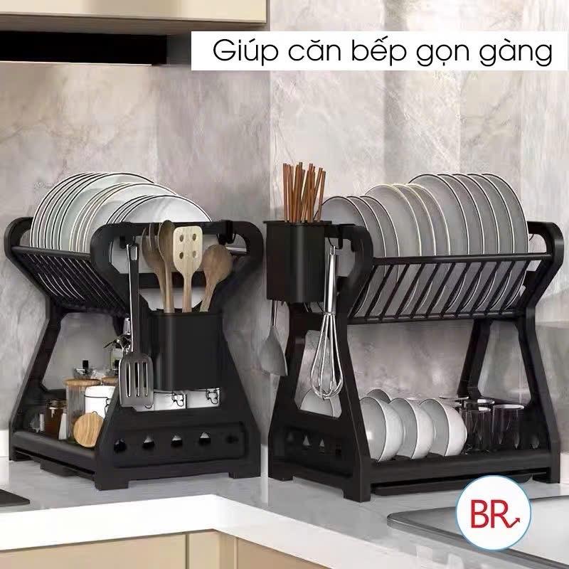  Kệ Úp Chén Bát Ly Đĩa 2 Tầng Đa Năng Có Ống Đựng Đũa Móc Treo Và Khay Chứa Nước Thông Minh Giúp Căn Bếp Gọn Gàng Ngăn Nắp. Kệ Úp Bát 2 Tầng 