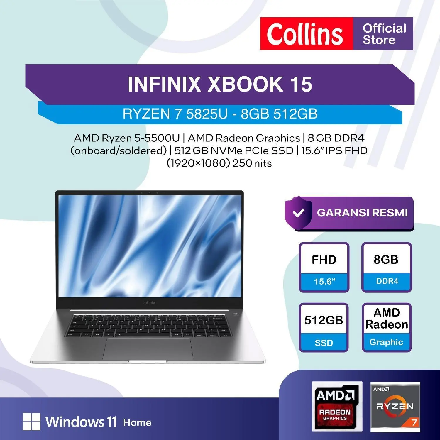INFINIX XBOOK 15 RYZEN 5 5500U / 7 5825U  8GB 256GB / 52GB W11 15.6 FHD IPS 2Y SILVER