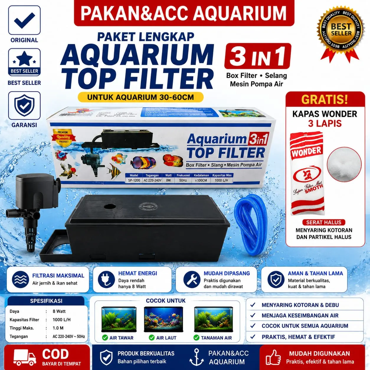Filter Pompa Komplit Top Filter Box Aquarium 3 In 1 Top Filter SP 1200 Garansi (BOX LEBIH BESAR)