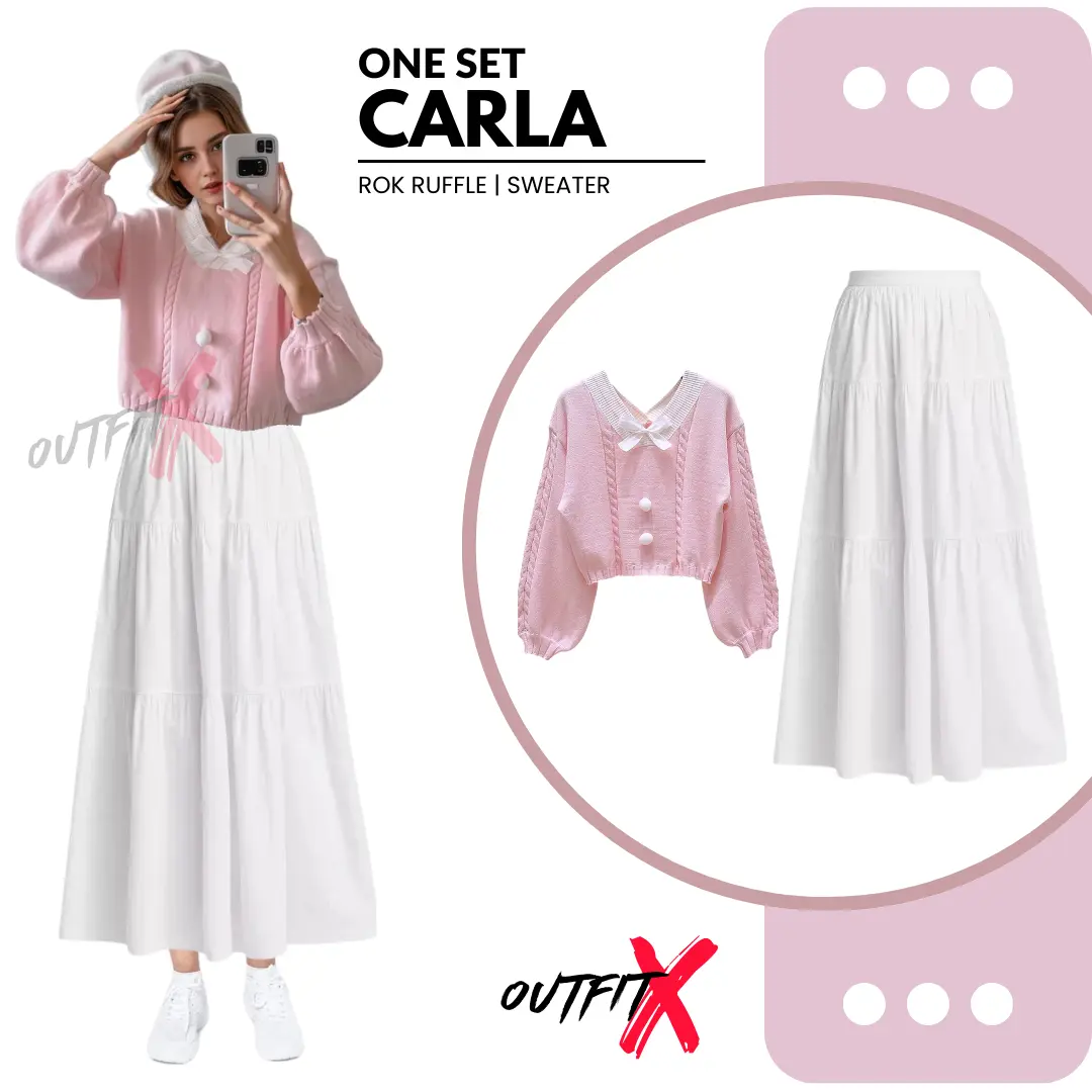 One Set Carla Rok Ruffle Sweater Setelan Outfit 2in1 OOTD Wanita Kekinian Korea Style