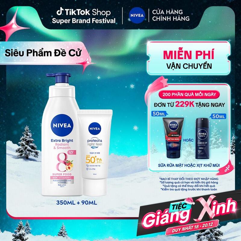  Bộ đôi Sữa Dưỡng Thể NIVEA 8 Super Fooods Dưỡng Sáng Da và Kem Chống Nắng NIVEA PROTECT & LIGHT FEEL SPF50+ PA+++ - 98413 + 86018 