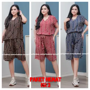 PAKET HEMAT 3 Pcs || new one set Tania Setelan Terbaru Kekinian JUMBO Setelan Celana Kulot Pendek Rayon Motif kotak-kotak Baju Dewasa