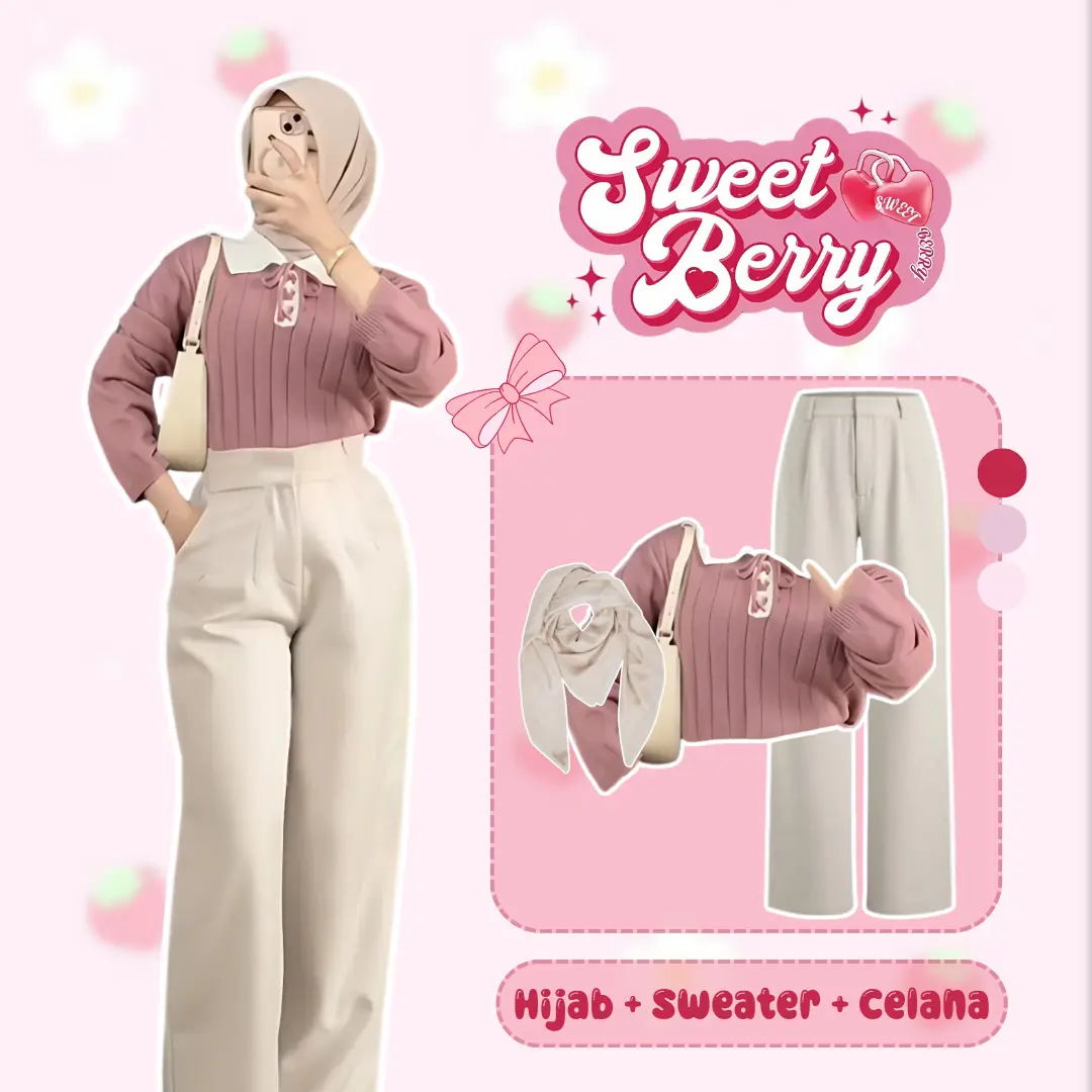One Set Setelan Wanita Cantik Santai Kekinian (Sweater Casual + Celana Knit Panjang + Hijab) OOTD Cute Style - DS091 N