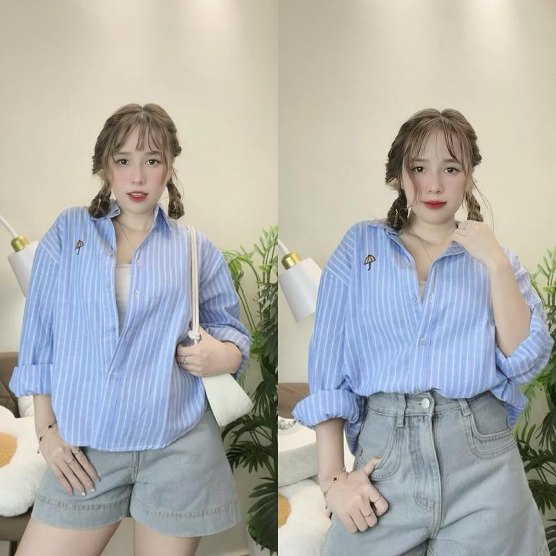  Áo Sơ Mi Nữ Kẻ Sọc Dáng Vừa Thêu Ô Chất Cotton Đũi Mềm Freesize Form Vừa | TIQI CLOTHING 