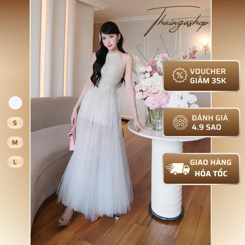 Đầm dự tiệc ren hoa lông cổ yếm dáng dài màu nude phối trắng thiểu thư sang trọng size S M L Đầm body nữ lưới cổ bèo trễ vai dáng xòe