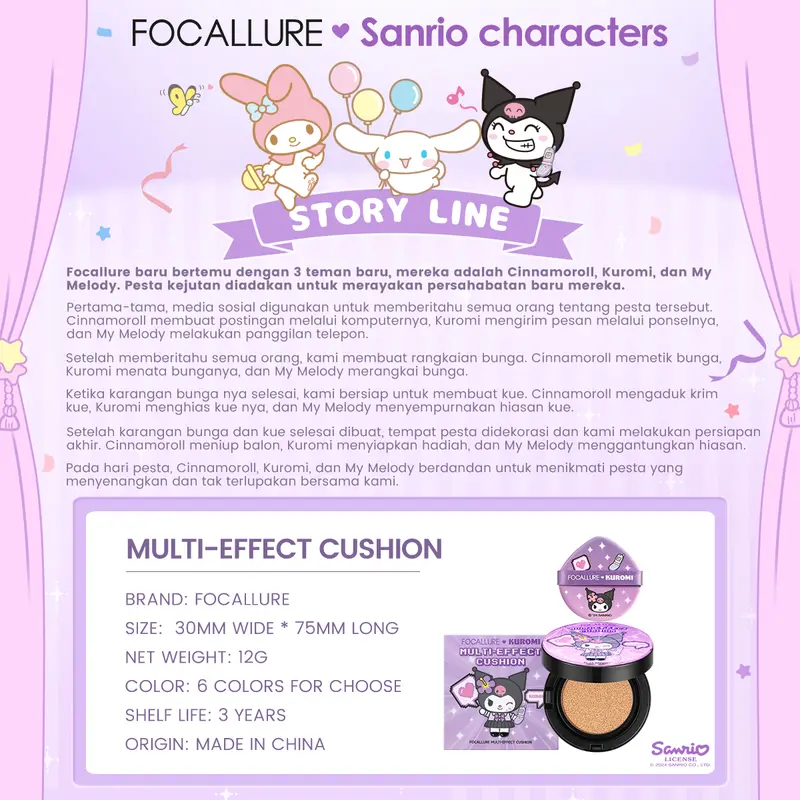 [Official] FOCALLURE X Sanrio #CallMeBeauty Bare-skin UV Cushion & Matte Setting Loose Powder 2PCS 4