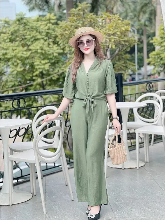 Set đồ bộ nữ, áo tay lỡ quần dài lưng thun, bộ đồ nữ mùa hè, chất vải đũi tơ mềm, mịn, mã B243 4
