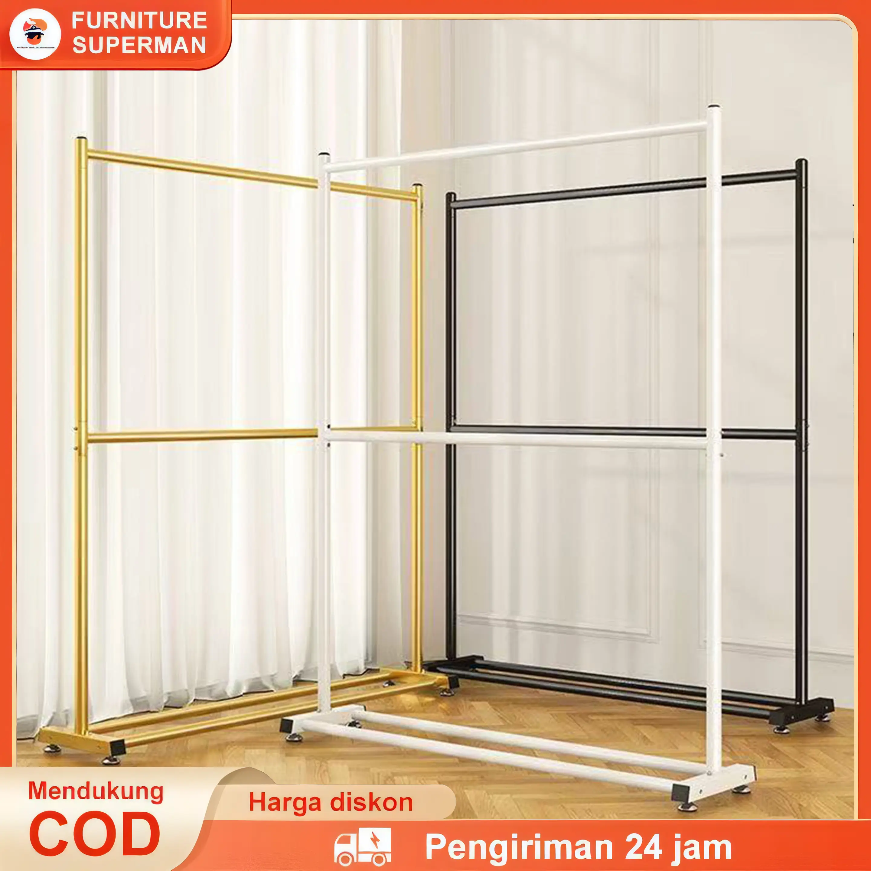 furniture superman Rak Baju Gantung Berdiri 2 Susun Rak Gantungan Baju Besi Rak Baju Gawang Estetik Stand Hanger 200CM Pakaian Portable Aesthetic Anti Karat Stainless222 kuat Roda