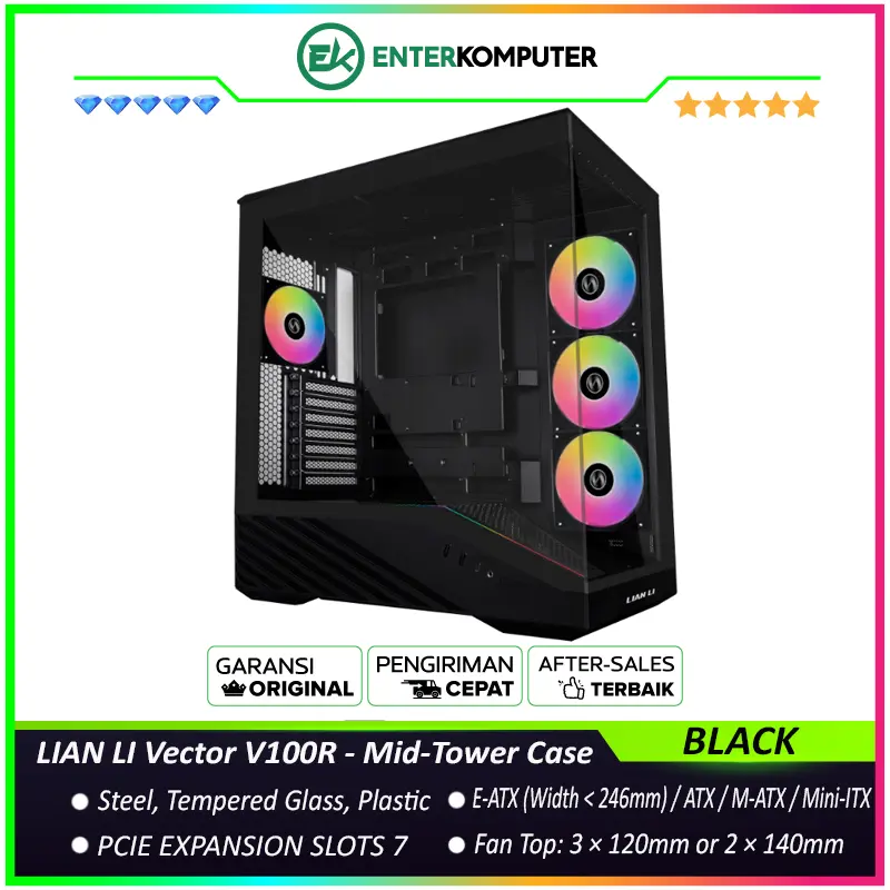 LIAN LI Vector V100R BLACK - Mid-Tower Case - 270° Seamless Visibility with ARGB Lighting Strip - 4MM Tempered Glass