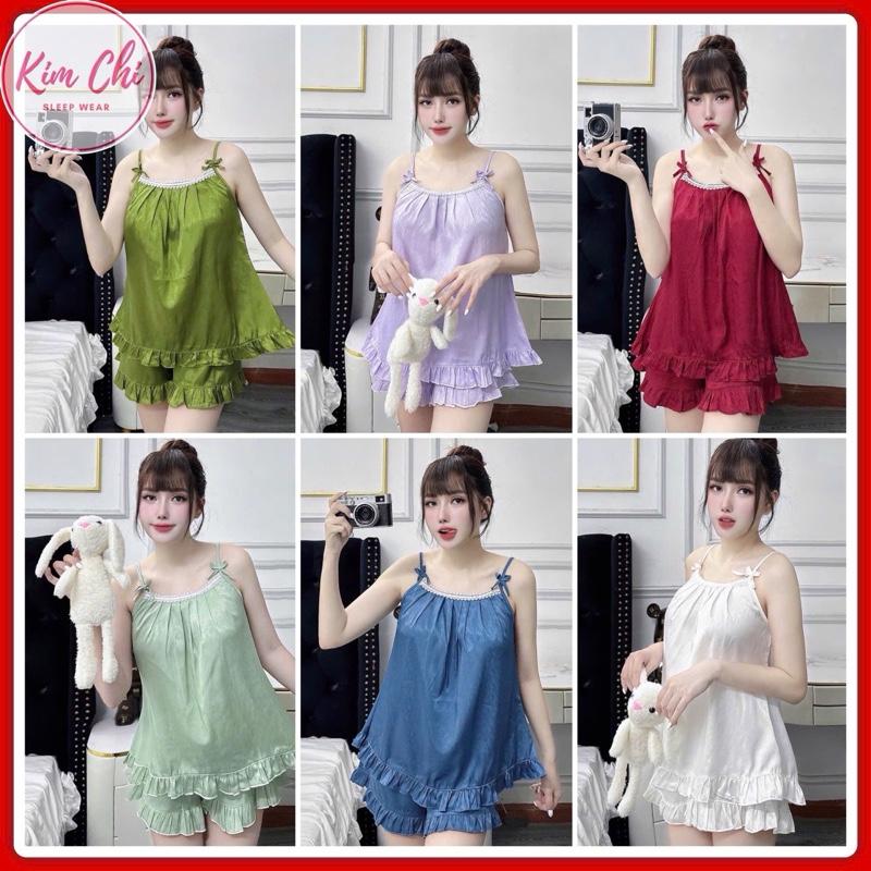  Bộ ngủ hai dây lụa xước mềm phối ren đẹp viền bèo dễ thương size từ 40-65kg 