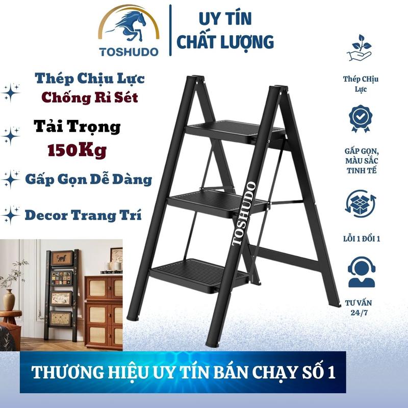  Thang Chữ A Gấp Gọn 2 - 3 - 4 - 5 Bậc TOSHUDO  Thép Chịu Lực  Chân Đế CaoSU CHống Trơn Trượt 