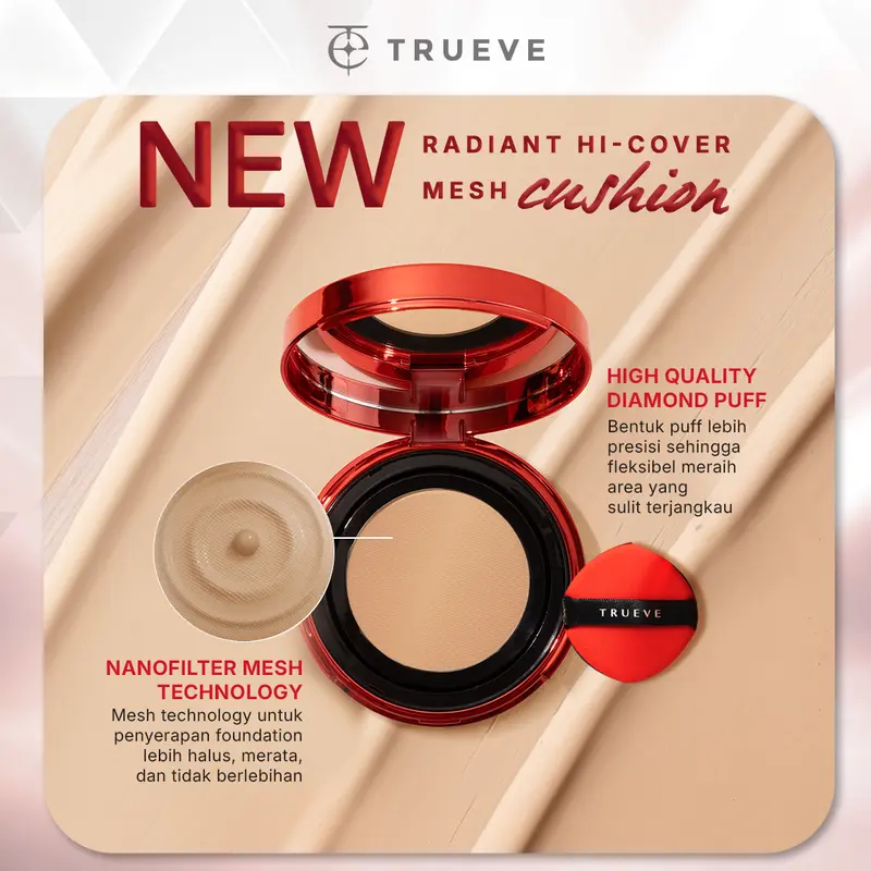 TRUEVE Radiant Hi-Cover Mesh Cushion - High Coverage Tahan Lama, Minim Oksidasi, Poreless Radiant Glow Finish, Skincare Kulit Normal Kulit Kering, Cover Blur (5X Ceramide + Snow Mushroom + Centella Asiatica) 2