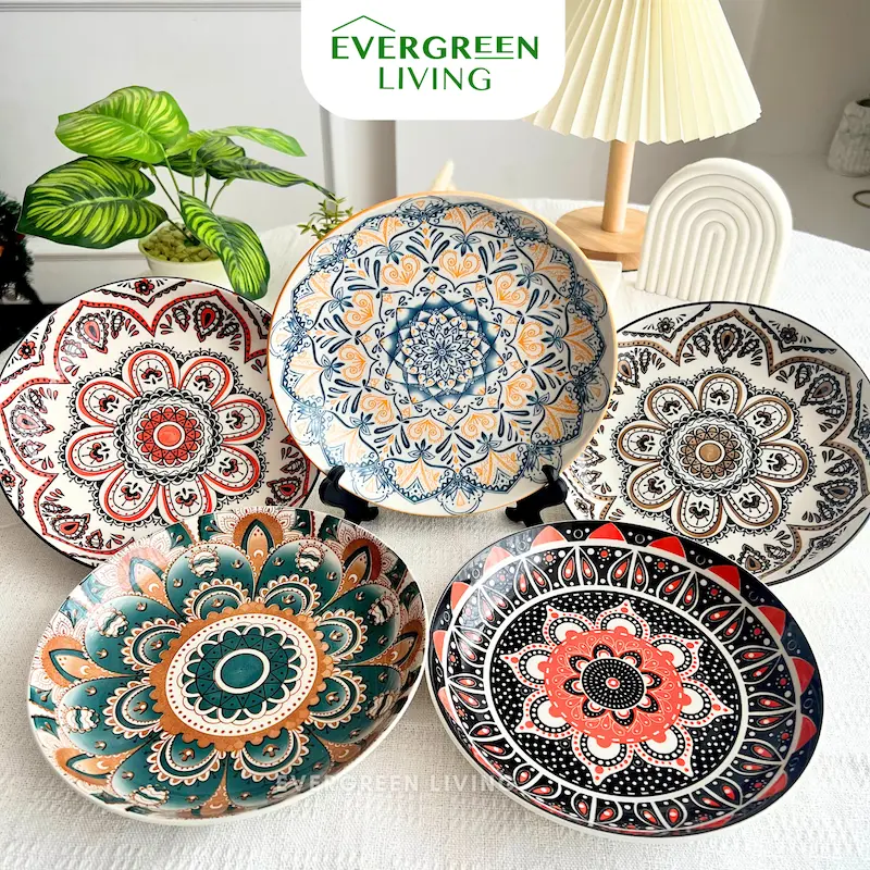 [COD] EVERGREEN Piring Keramik 8 Inci Motif Bohemia Peralatan Makan Estetik Rumah Kafe Restoran Saji Cantik Mewah Ceramic Plate Food Grade Tahan Panas Microwave