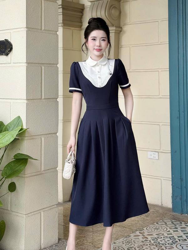 Váy Đầm Thiết Kế Ella Desgin dành cho nữ kiểu dáng midi phối cổ trắng (tặng kèm tag cài) phù hợp mặc đi làm , đi chơi A50