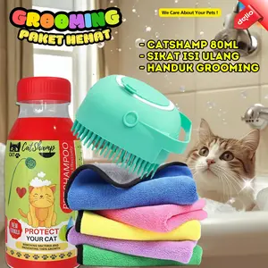 Paket Grooming Murah Sikat Mandi Kucing Anjing Silikon Komplit dengan Shampoo dan Handuk Halus