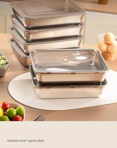 Kotak penyimpanan keluli tahan karat 316, pinggan segi empat dengan penutup, sesuai untuk peti sejuk, menyimpan makanan barbeku dan hidangan sejuk, pinggan buah-buahan, serta ikan kukus dan ikan bakar.