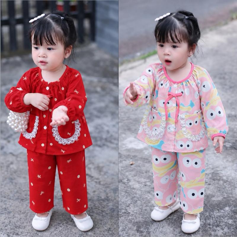 NhungKids(7-15kg) Bộ TOLE áo tay dài túi có ren,quần dài chất vải tole mịn mát cho bé gái dưới 3 tuổi