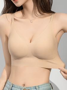 女性用ワイヤレスプッシュアップブラ、快適なバックレスデザイン、見えない肌色、ノンシースルー、小さなバストに最適なフィット感