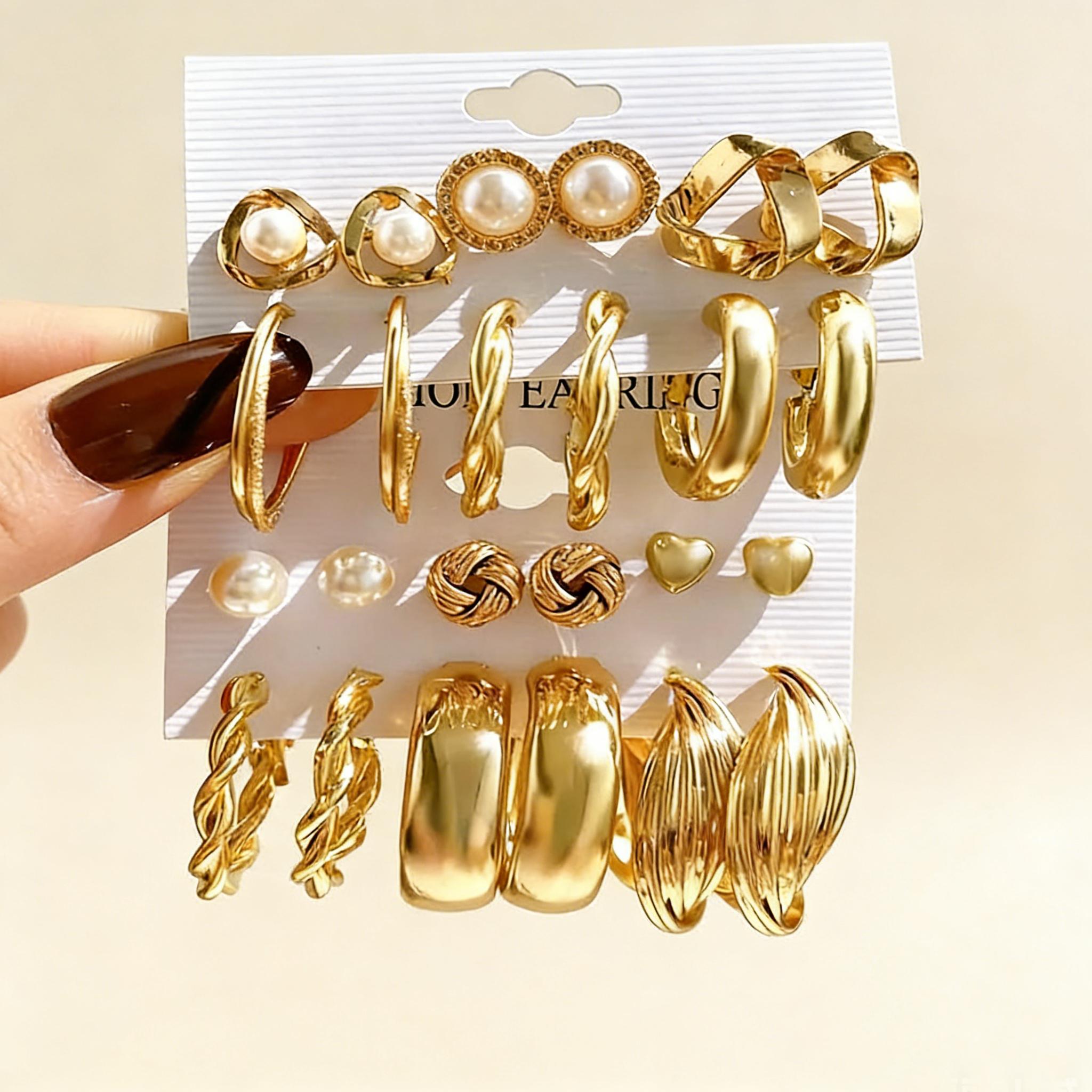 Anting-anting Mutiara Geometris Emas Retro 12 Pasangan Populer Set - Anting-anting Hadiah Grosir Seluk Kepala Muslim Wanita