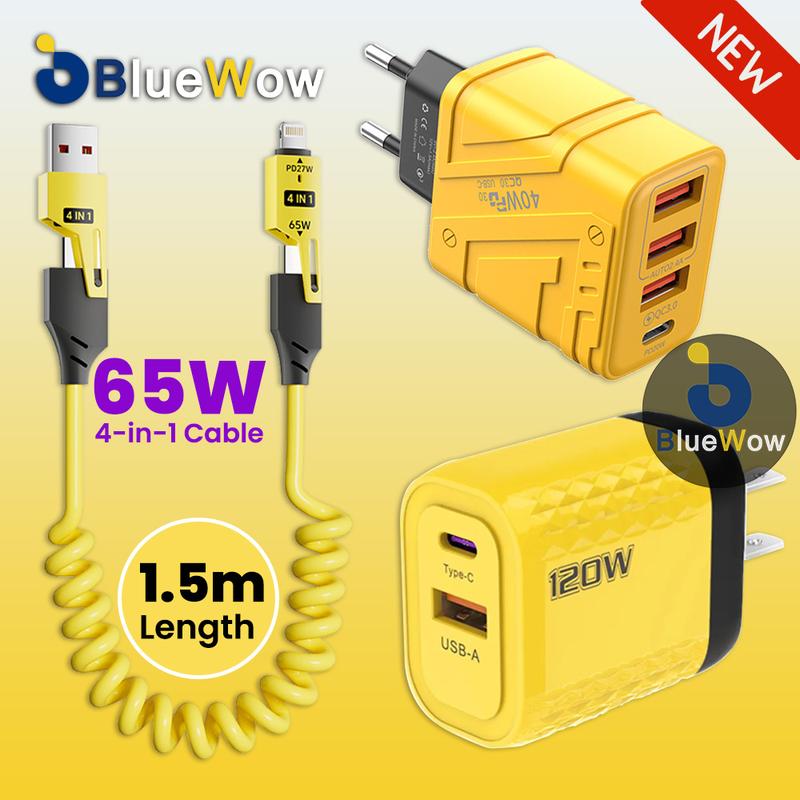 [1.5M Có thể mở rộng] BlueWow Cáp sạc siêu nhanh, BlueWow, Dòng Usb-C đa chức năng, Giải pháp sạc 4 trong 1, Bộ sạc USB C, Sạc nhanh, Bộ sạc tường đa cổng