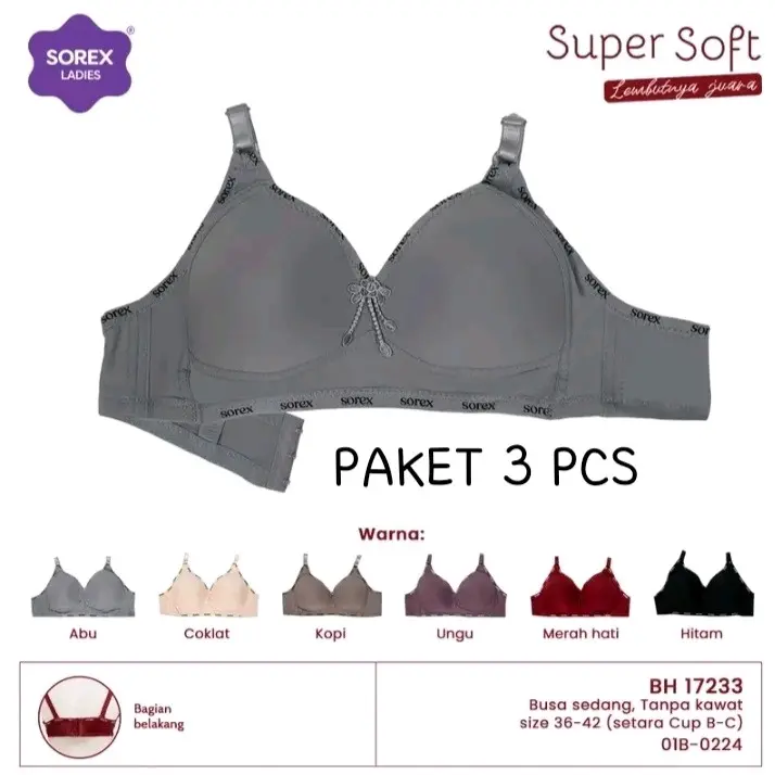 PAKET 2/3PCS BH Sorex ( no K A W A T) 17233 size 36-42 Kait 3  | SUPER SOFT  [ CUP BESAR ]  Lembut