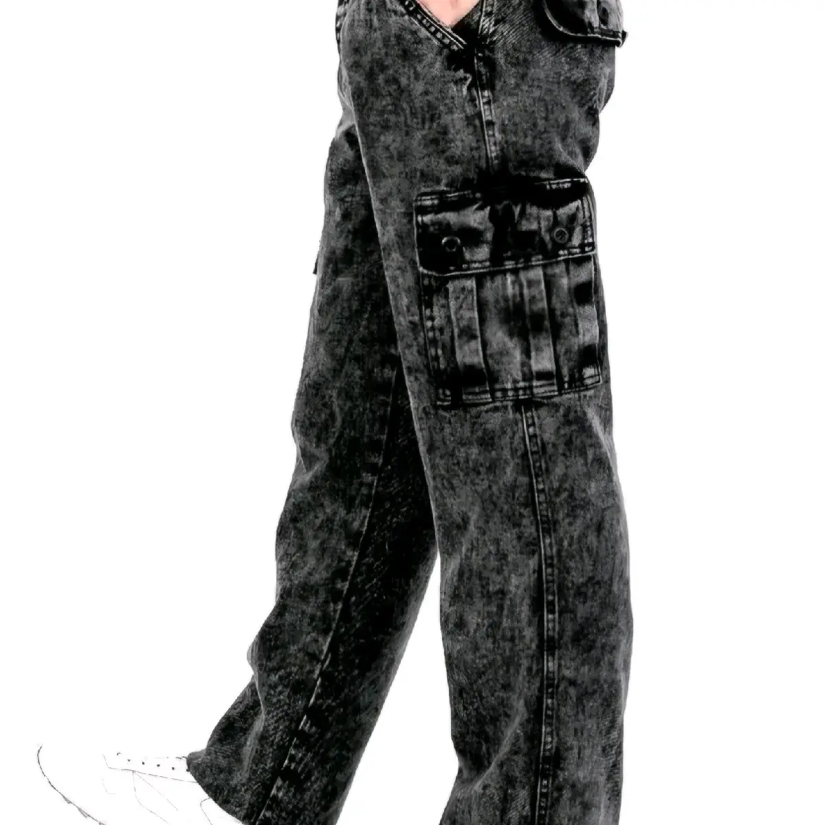 Long Cargo pants jeans Celana cargo jeans loose fit Reguler Standard snow Black Sandwash Hitam Panjang Denim Straight