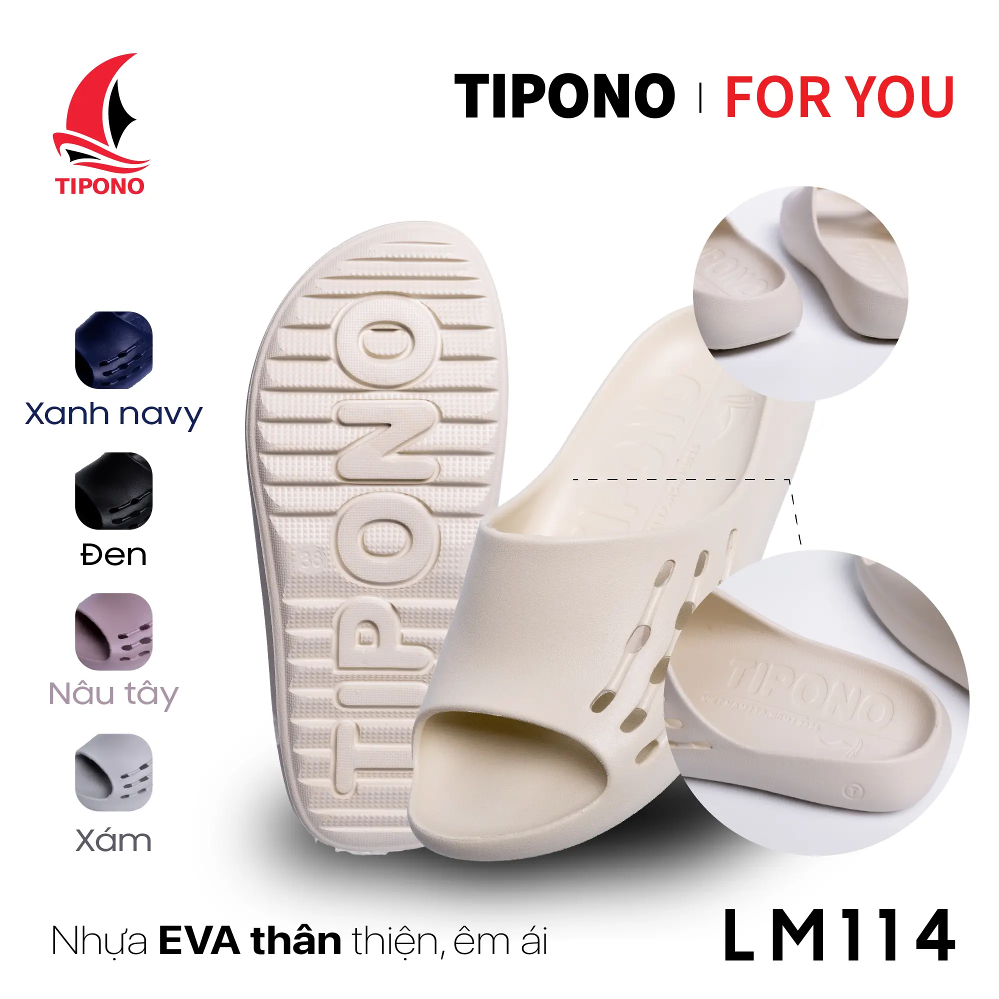 TIPONO LM114 Dép Quai Ngang Công Thái Học Unisex – EVA Siêu Êm Nhẹ, Chống Trơn Trượt, Không Thấm Nước, Đi Hằng Ngày